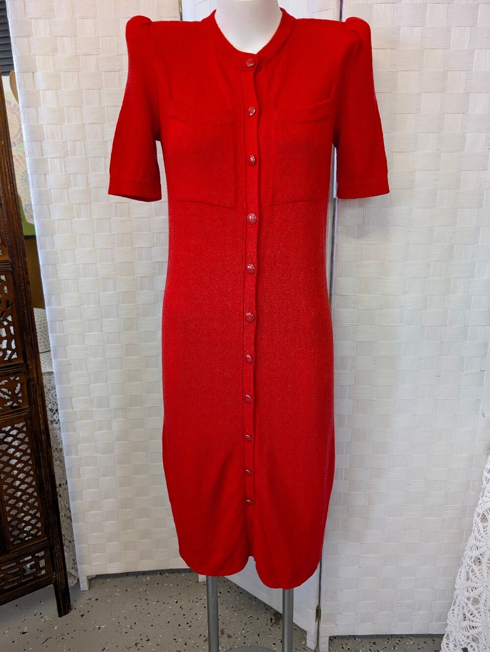 St. John Vgt Tomato Color Button-Front Sweater Knit Dress